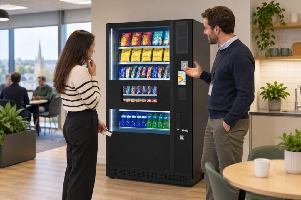 Customer pauses with a payment card lowered while discussing an uncertain vending purchase