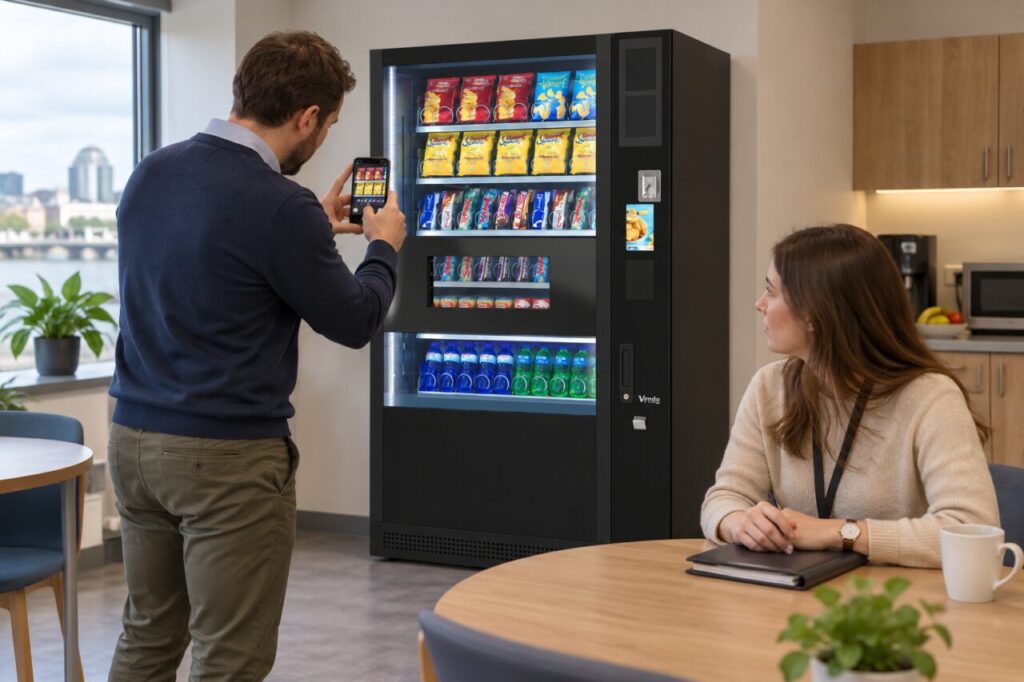 Host photographs the vending cabinet while unrelated paperwork remains closed