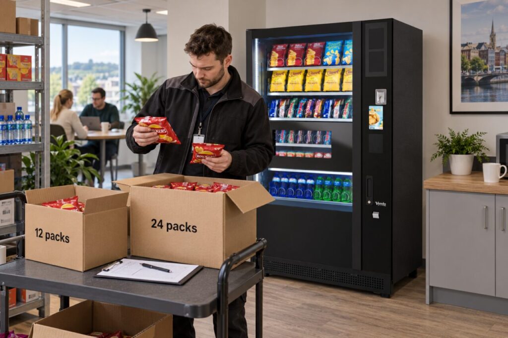 Stock operator counts snack packs beside cartons marked 12 and 24 packs and a vending machine