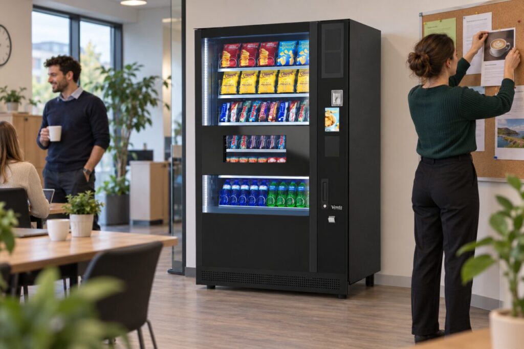 Office host adds a poster to a separate noticeboard beside a vending machine