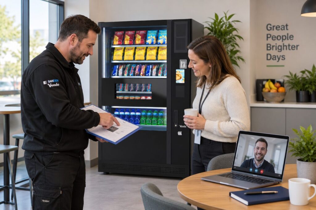 Provider briefs a handover representative beside a vending machine while the buyer joins by video