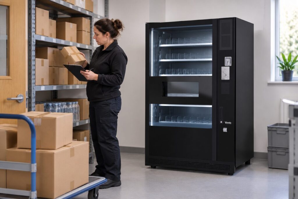 Host checks sealed stock on storage shelves beside an empty vending machine