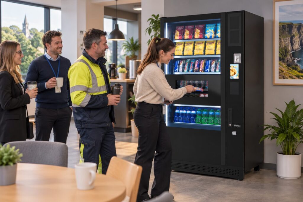 Employees from overlapping shifts queue while a colleague collects a vending snack