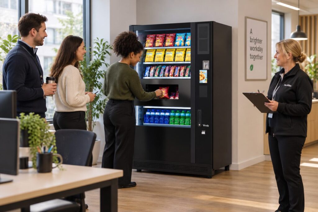 Facilities host observes the vending queue beside rearranged office furniture