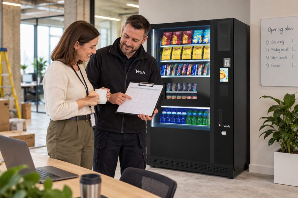 Host and provider review a provisional opening calendar beside a vending machine