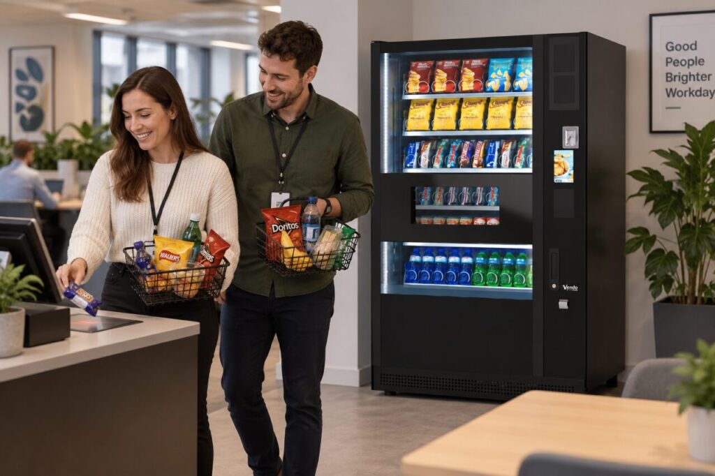 Two colleagues keep separate shopping baskets at a checkout beside a vending machine