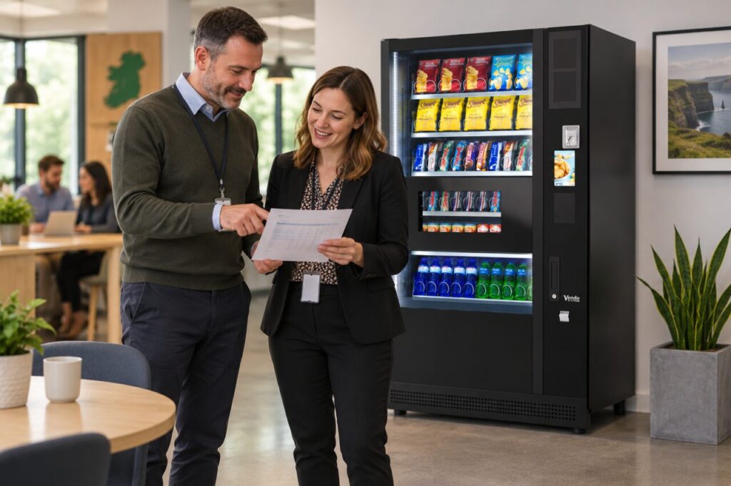 Employee and scheme administrator review allowance information beside a vending machine