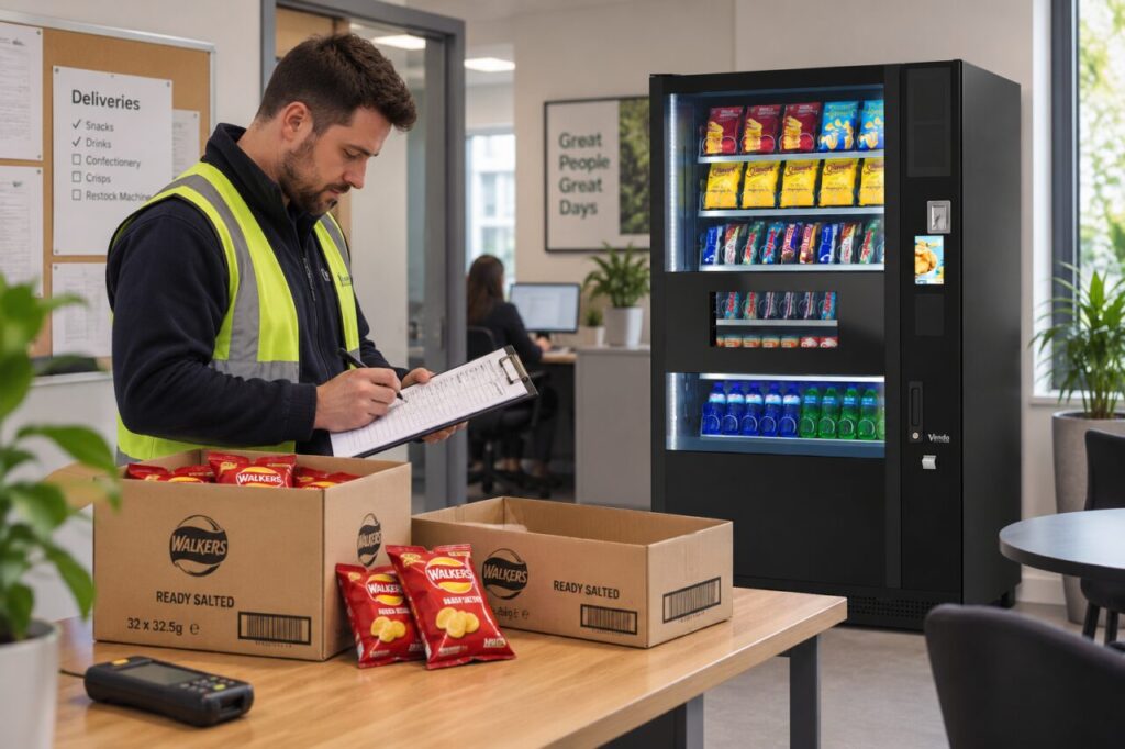 Operator records received and outstanding stock beside cartons and a vending machine