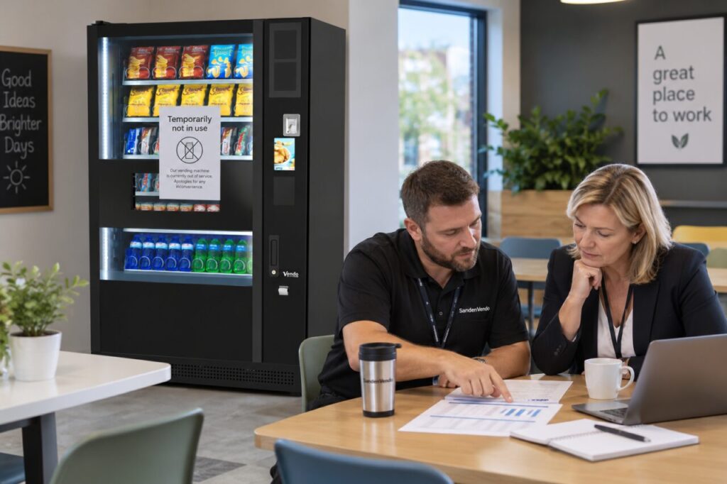 Operator and host review costs beside a vending machine temporarily out of use