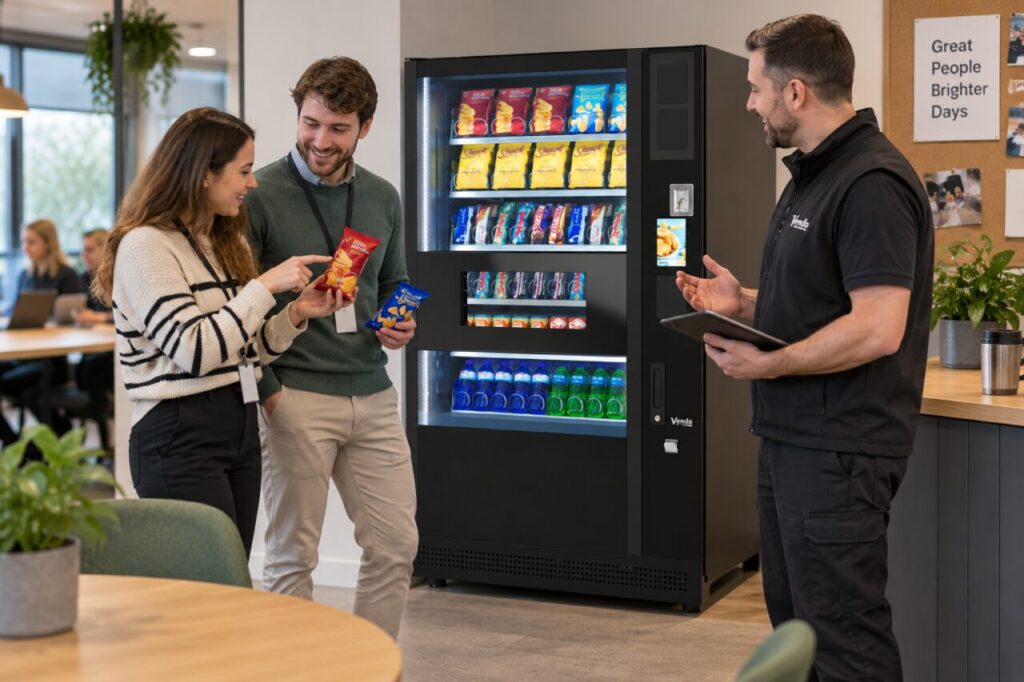 Staff discuss savoury snack choices with an operator beside a vending machine
