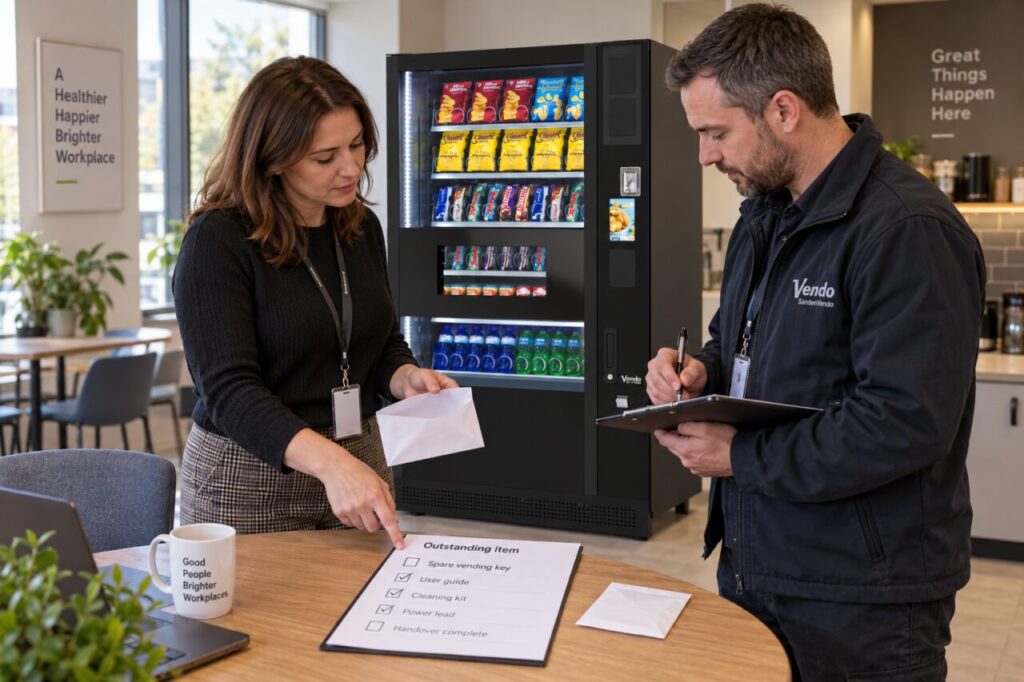 Host and provider check an outstanding key handover item beside a vending machine