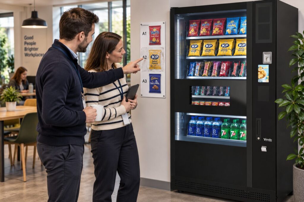 Customer and host examine a worn selection character beside a vending machine