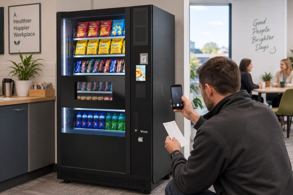 Host photographs a recorded cabinet mark beside a vending machine for follow-up