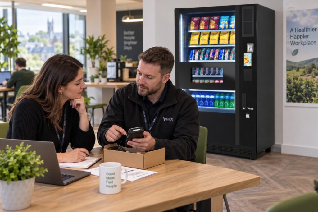 Provider and host review a boxed removed payment reader beside a vending machine