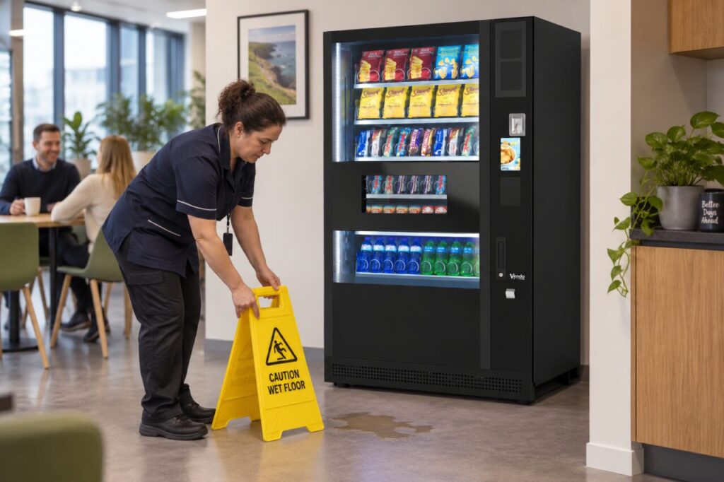 Cleaner places a warning sign at a spill beside a vending machine
