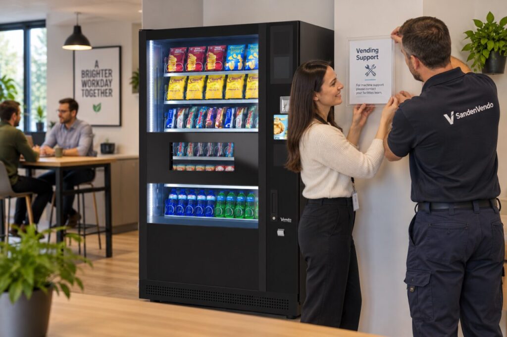 Host and provider replace a support notice beside a vending machine