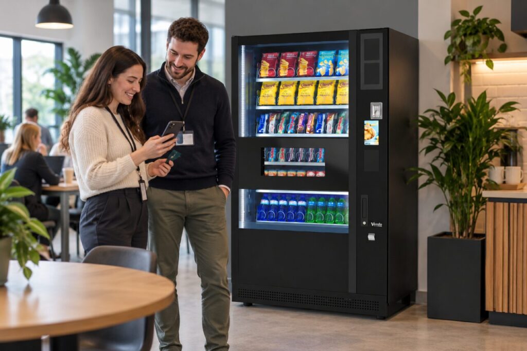 Colleague asks a site host about a card payment beside a vending machine