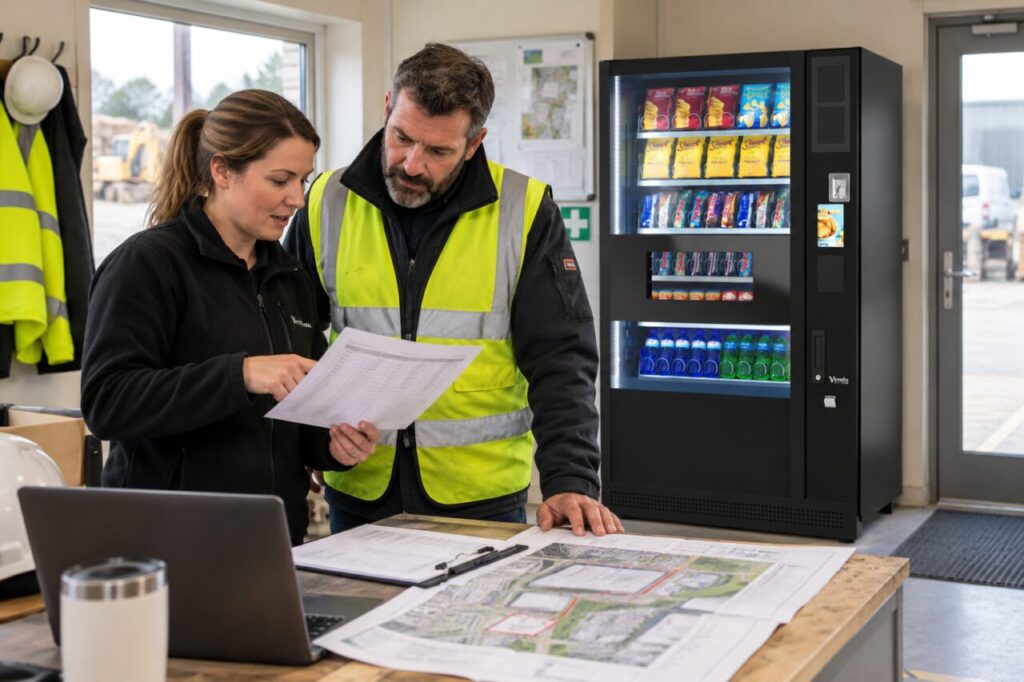 Site host and provider review delivery address plans beside a vending machine