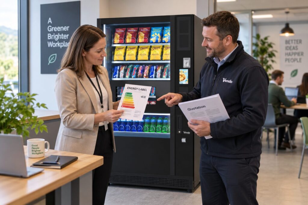 Buyer and supplier compare an illustrative energy label and quotation beside a vending machine