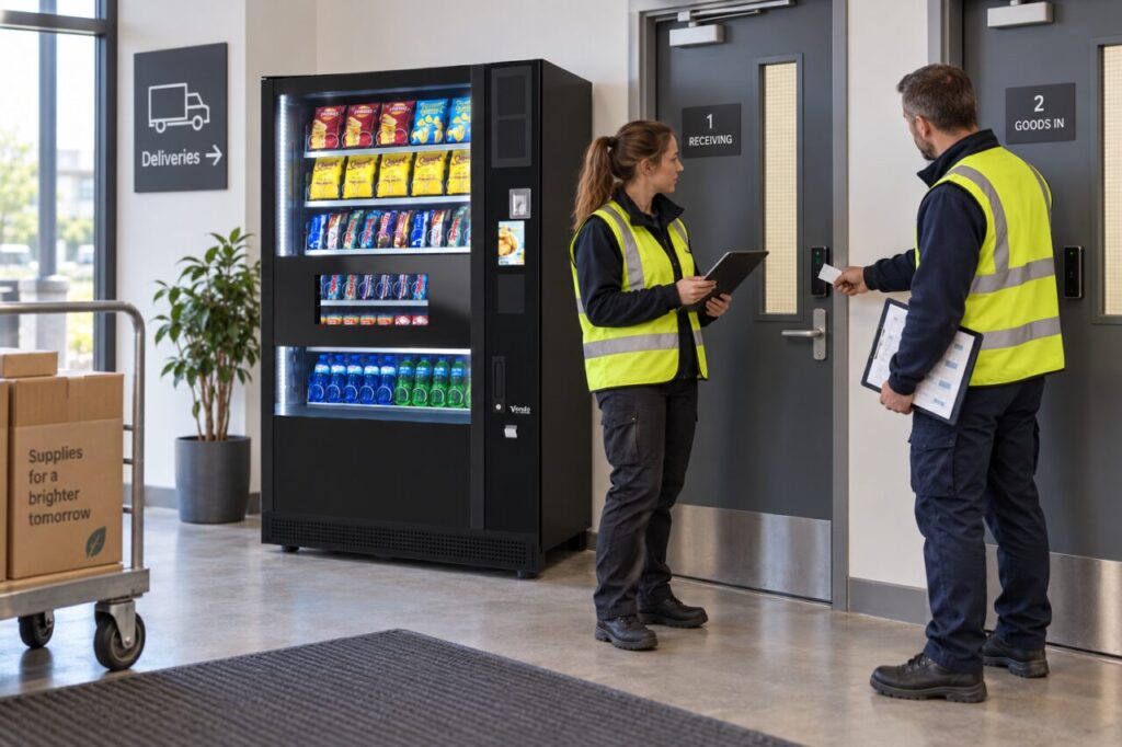Site host and delivery planner check two secure access points beside a vending machine