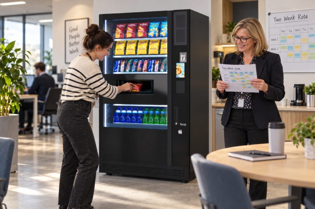 Manager reviews a two-week rota while an employee collects a vending snack
