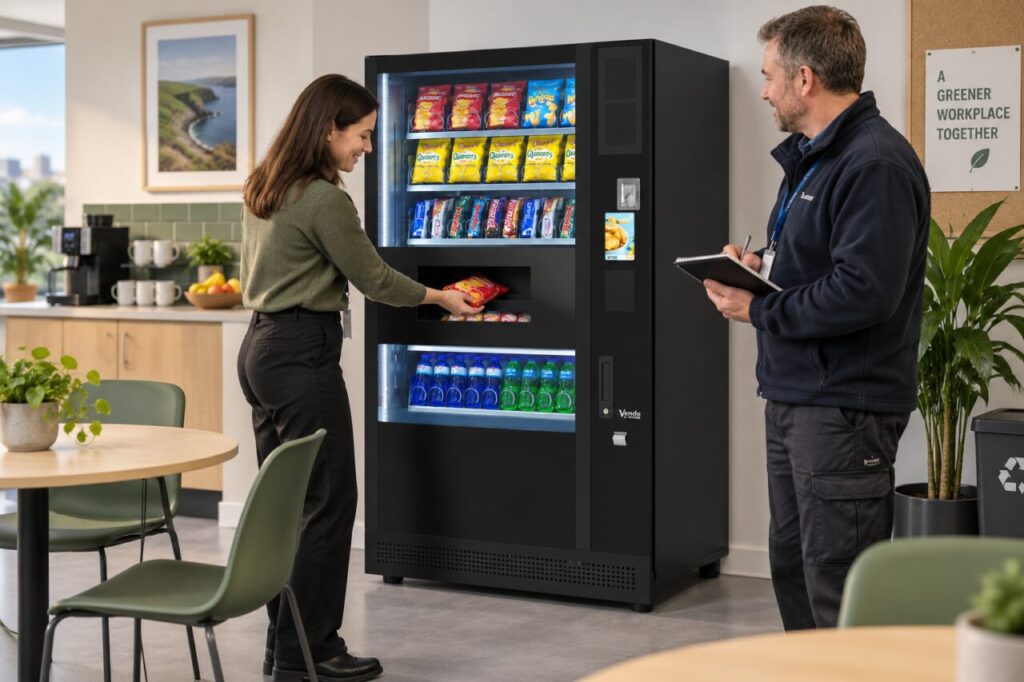 Employee collects a snack during a quiet office break while a colleague observes demand