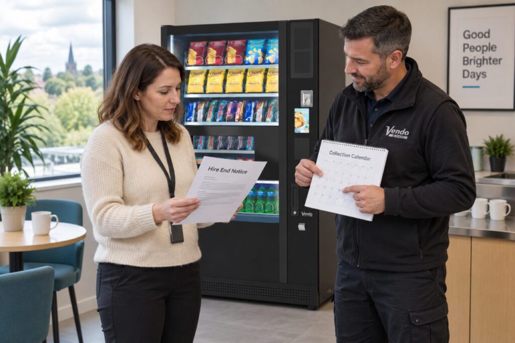 Host and provider compare a hire-end notice and collection calendar beside a vending machine