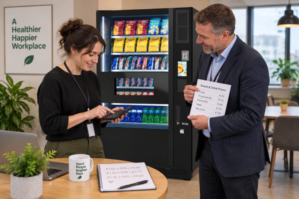 Employer representative and employee calculate a vending subsidy beside the machine