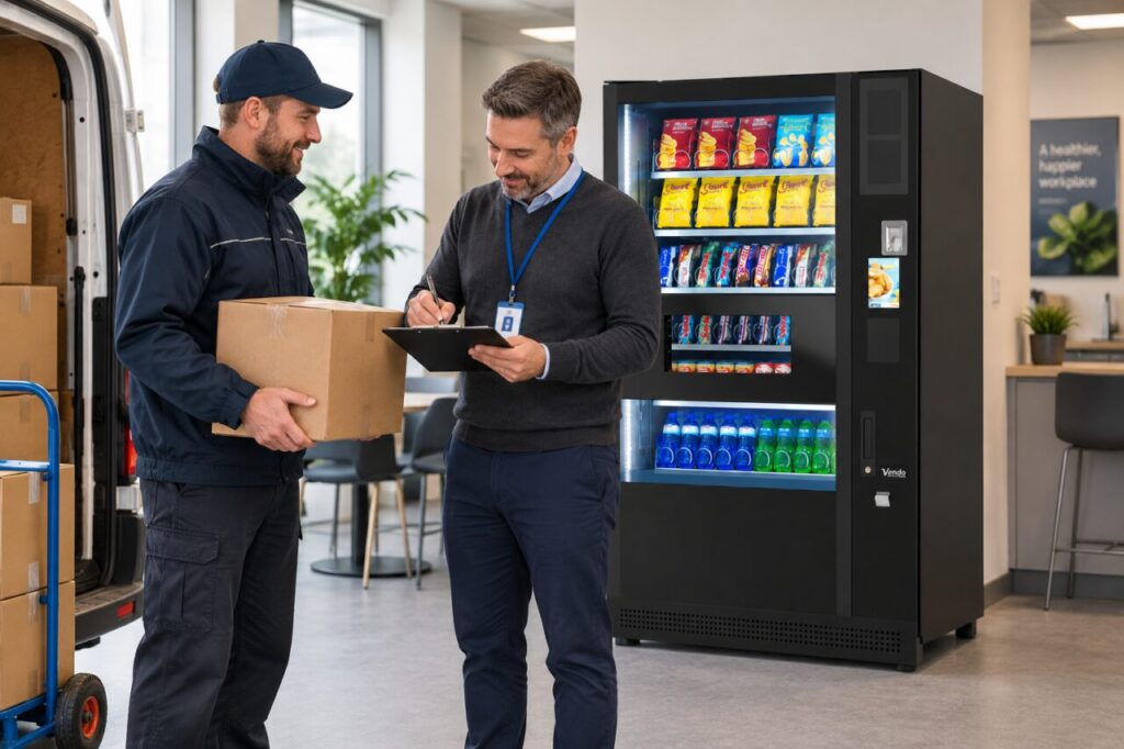 Operator signs a stock-return collection record beside a vending machine