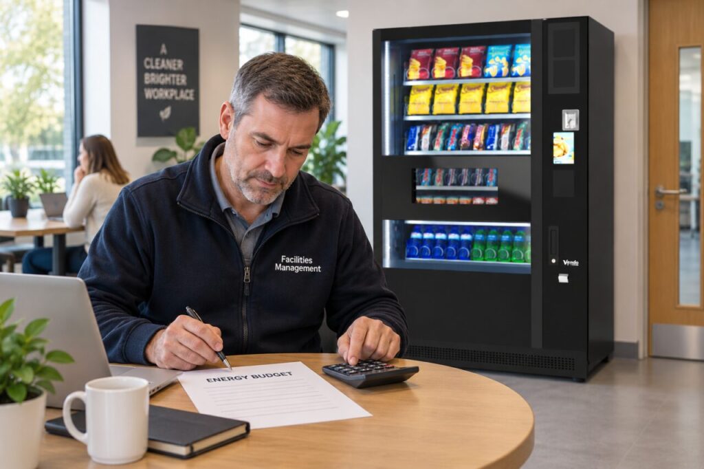 Facilities manager calculates an illustrative electricity budget beside a vending machine