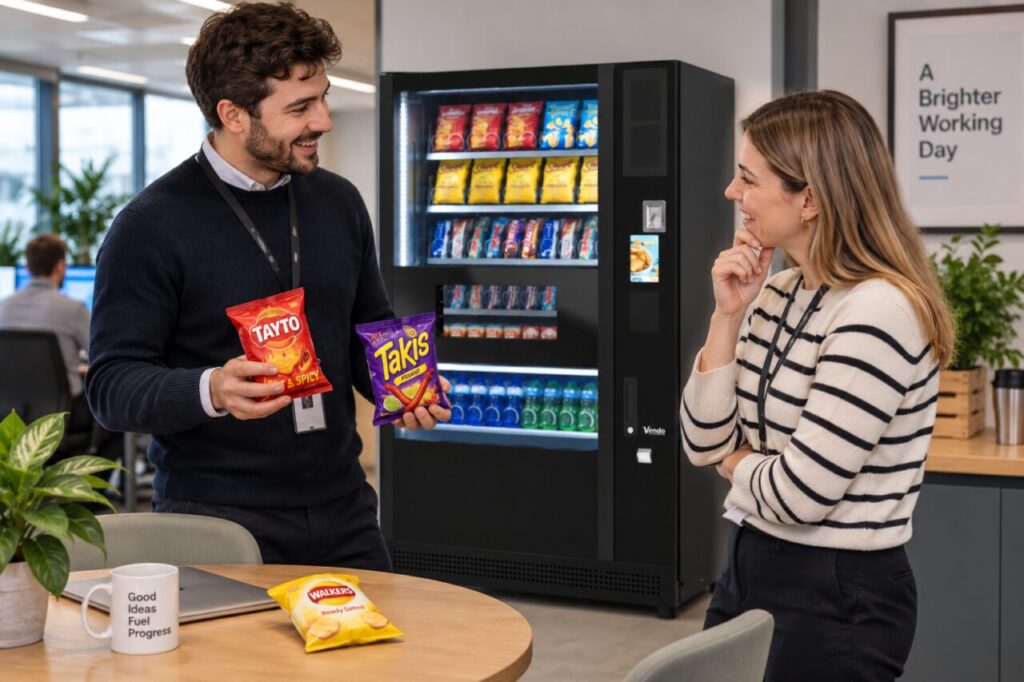 Operator discusses spicy snack choices and a mild alternative beside a vending machine