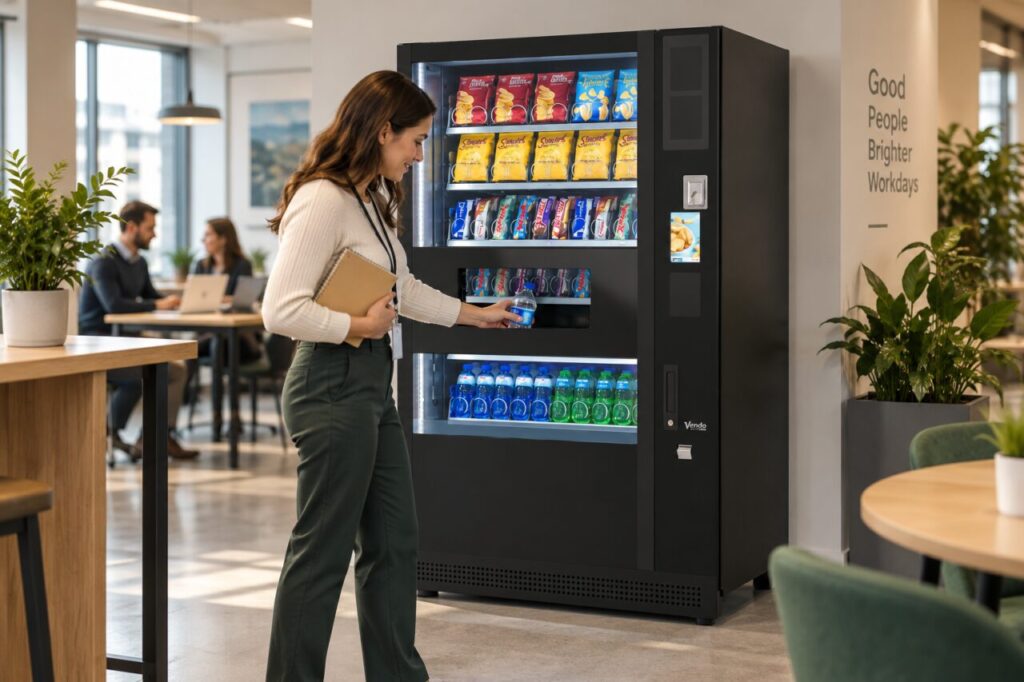 Office employee collects a resealable water bottle from a vending machine