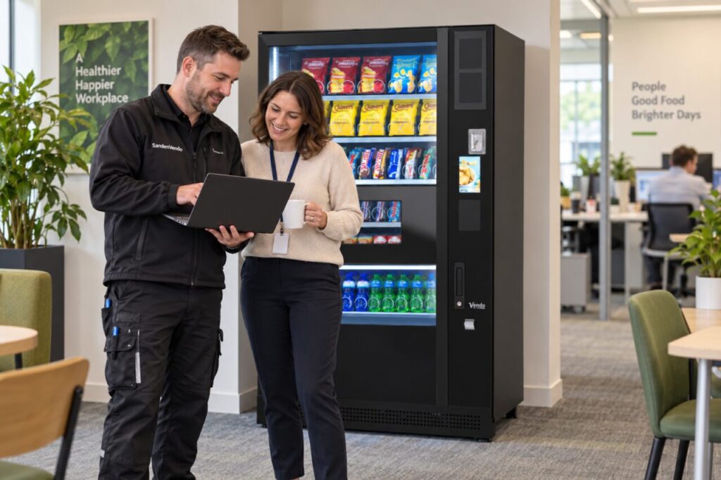 Technician explains a software handover on a laptop beside a vending machine