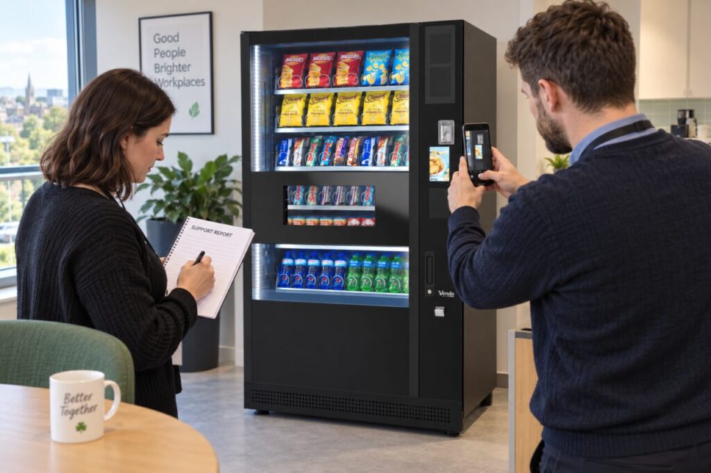 Site host photographs vending controls while a colleague records a support enquiry