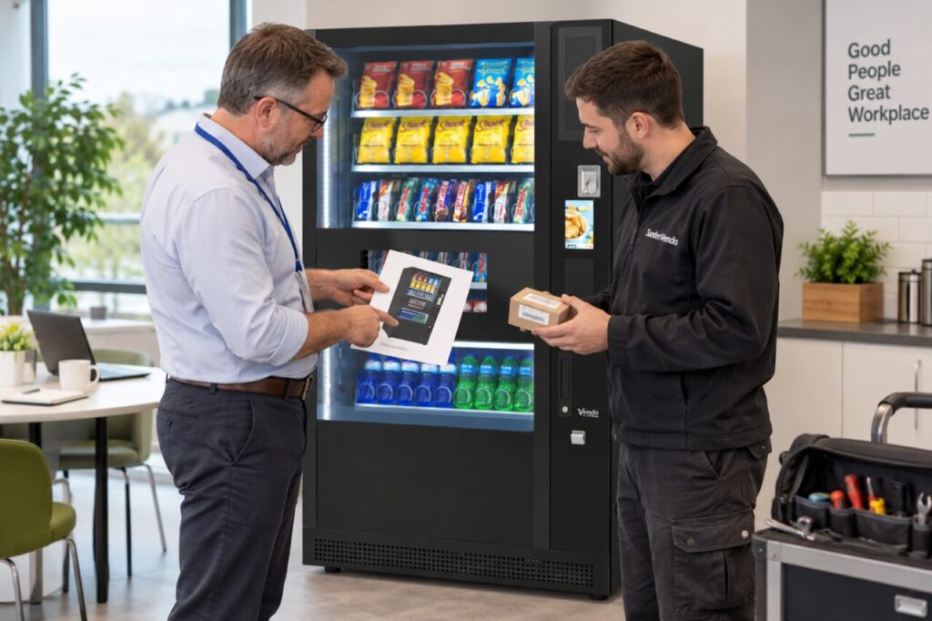 Owner and technician match a boxed spare part with a machine identification record