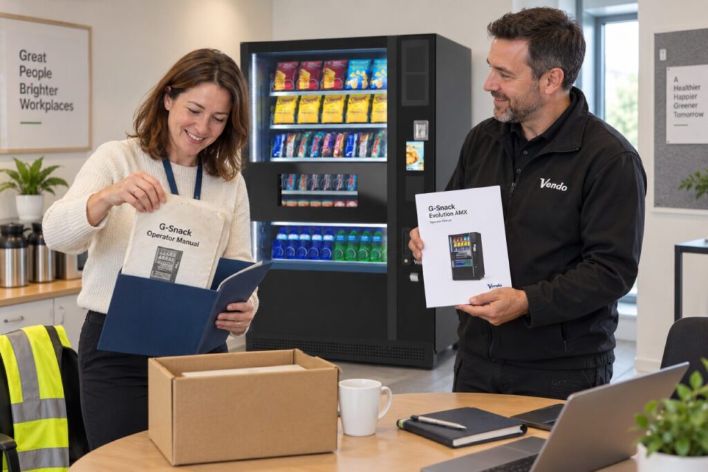 Host replaces an old vending manual with an updated working copy beside the machine