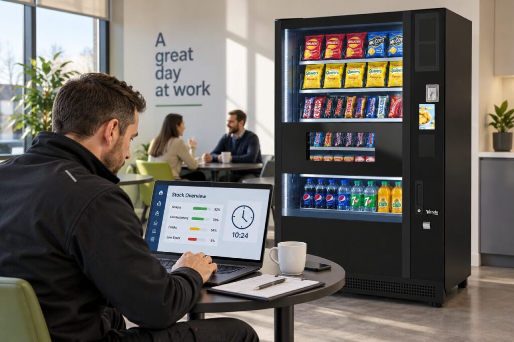 Operator checks the time shown on a stock dashboard beside a vending machine