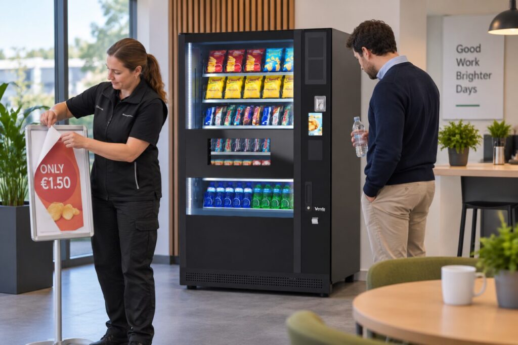 Operator removes an expired promotion notice while a customer checks the vending price