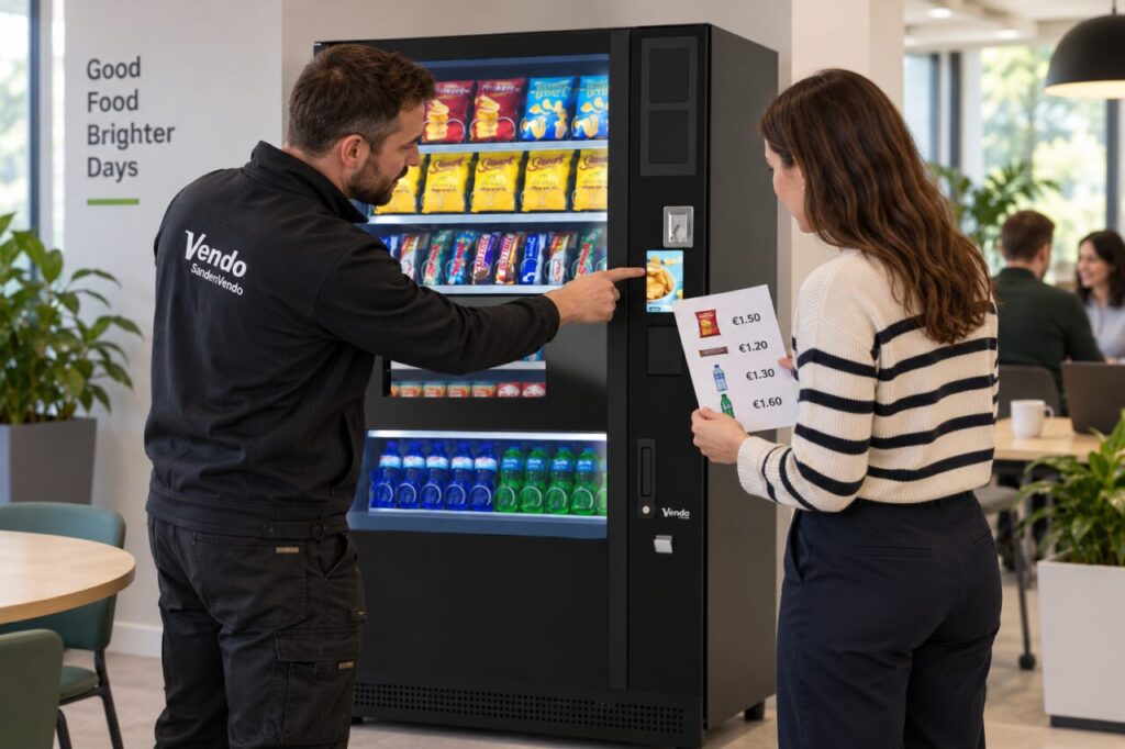 Installer and buyer compare euro price information beside a vending machine
