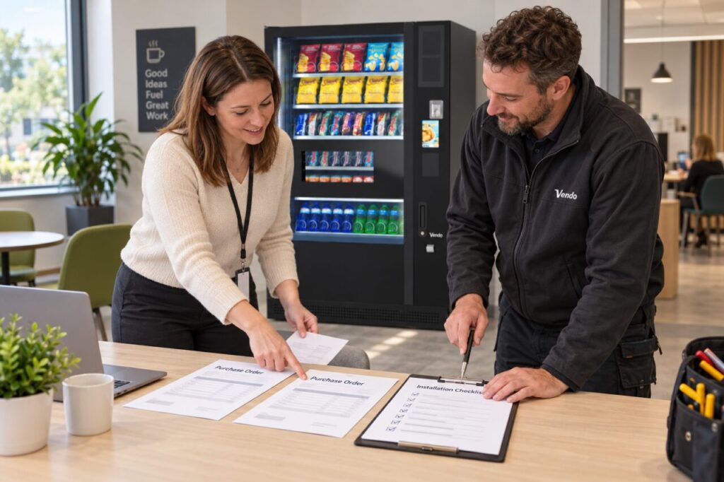 Buyer and installer reconcile two purchase orders with one vending installation checklist