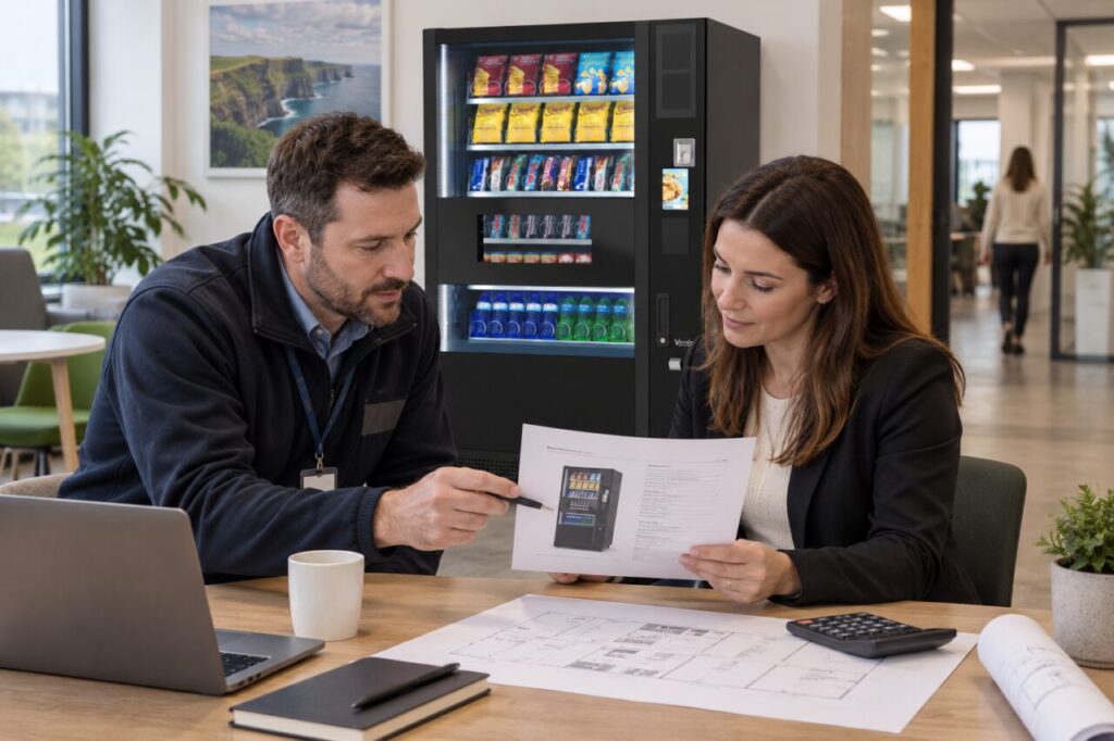 Buyer and facilities professional review a vending specification and floor plan