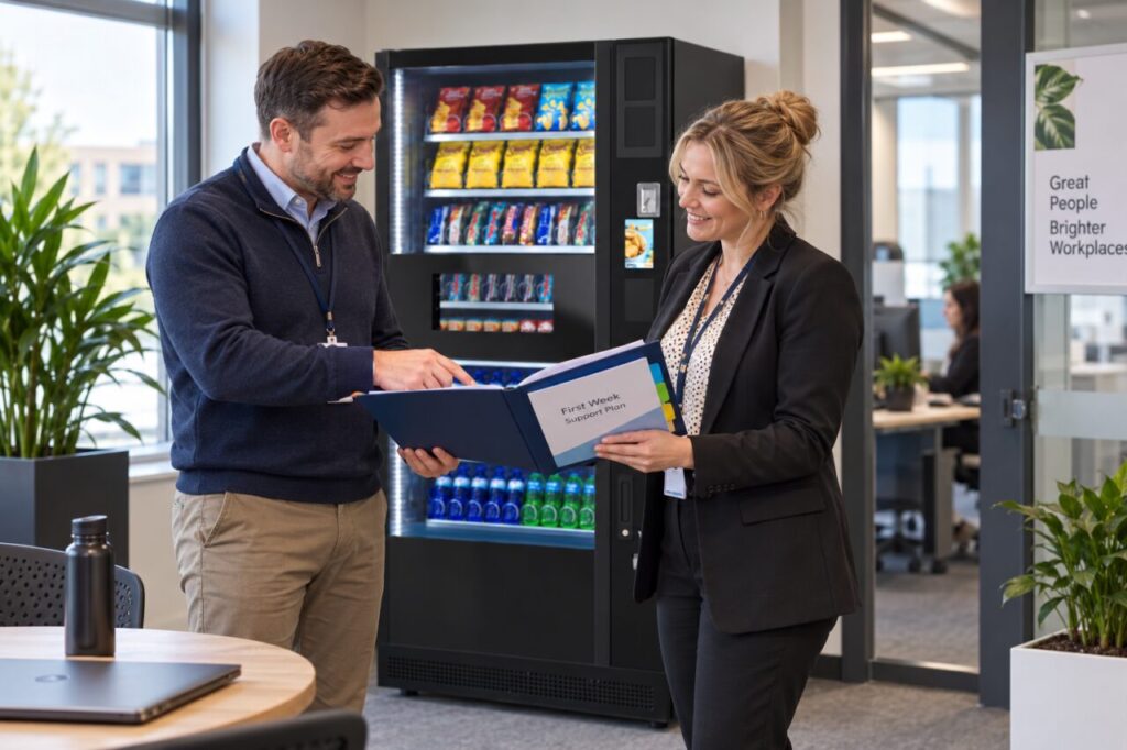 Colleagues review a first-week vending support folder during handover