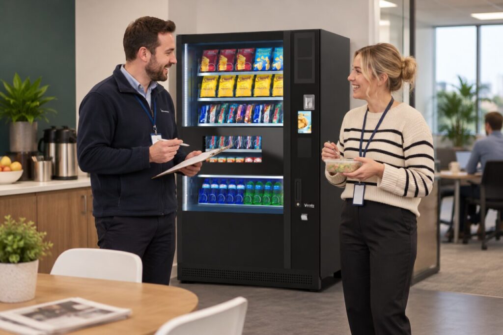 Facilities host asks a colleague with a packed lunch for vending feedback