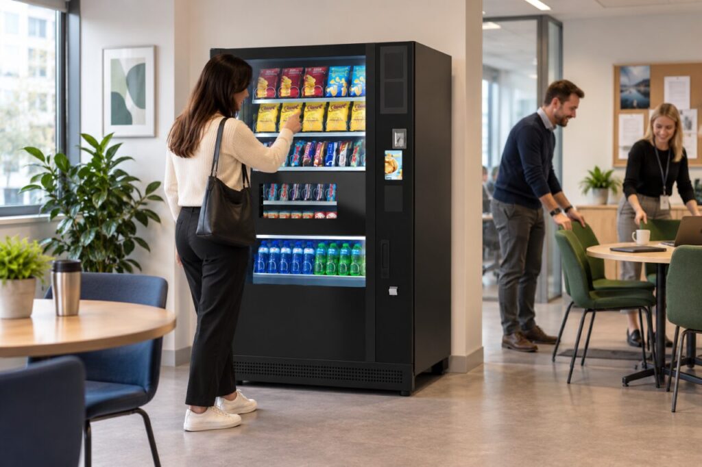 Employee approaches vending in a break room being prepared for a meeting