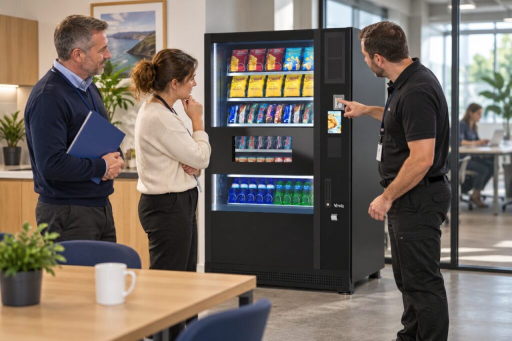 Trainer explains vending controls to a new operator beside the hired equipment