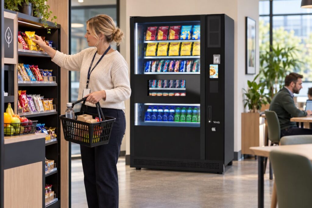 Customer returns a sealed snack to a micro-market shelf beside a vending machine