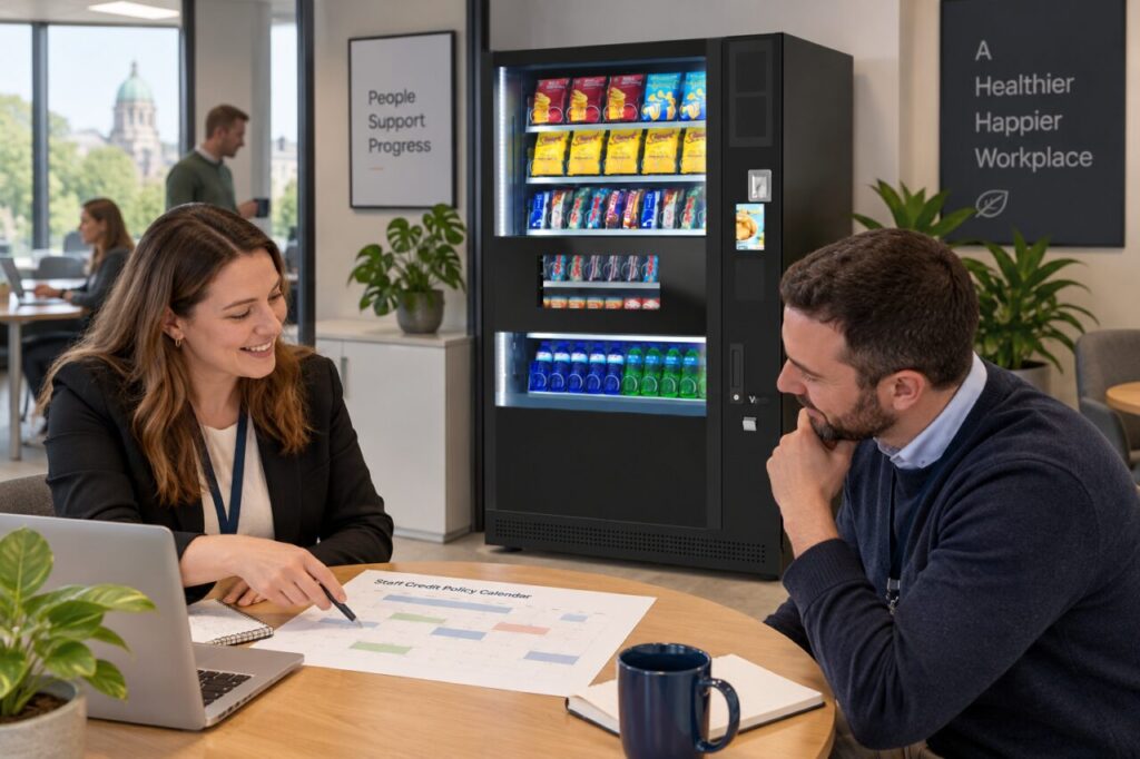 Colleagues review staff credit rules and a calendar beside a vending machine