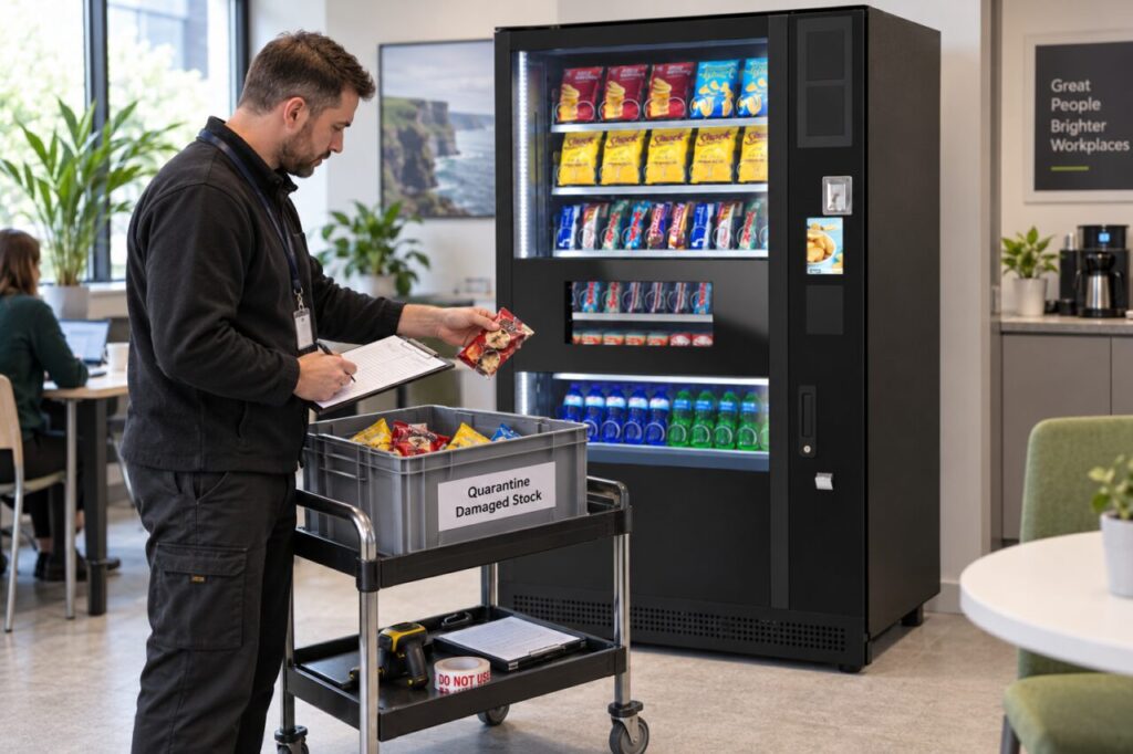Operator records damaged vending stock in a separate quarantine crate
