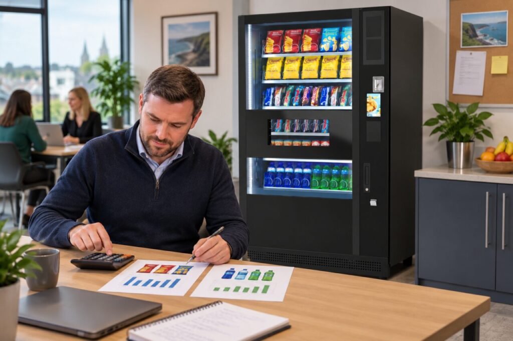 Operator compares two illustrative sales-volume budgets beside a vending machine