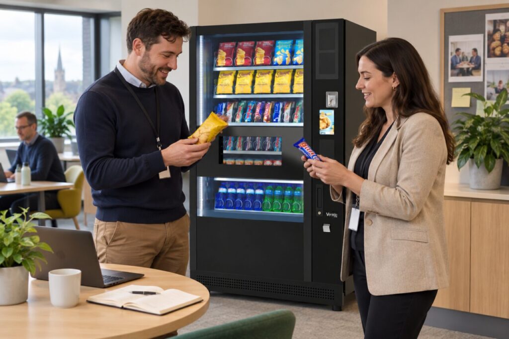 Colleagues compare crunchy and chewy snack samples beside a vending machine